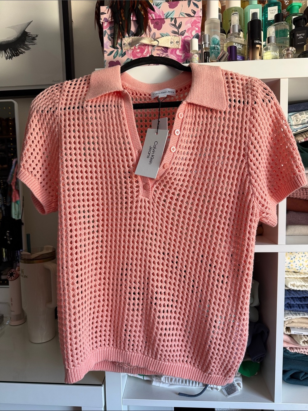 Calvin Klein Jeans Peach Pink Open-Knit Short Sleeve Polo Size Large NWT